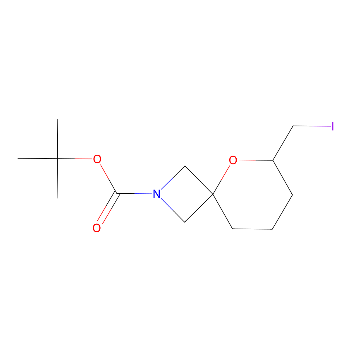 Tert-butyl 6-(iodomethyl)-5-oxa-2-azaspiro(3.5)nonane-2-carboxylate molecular structure, CAS 2163756-80-5
