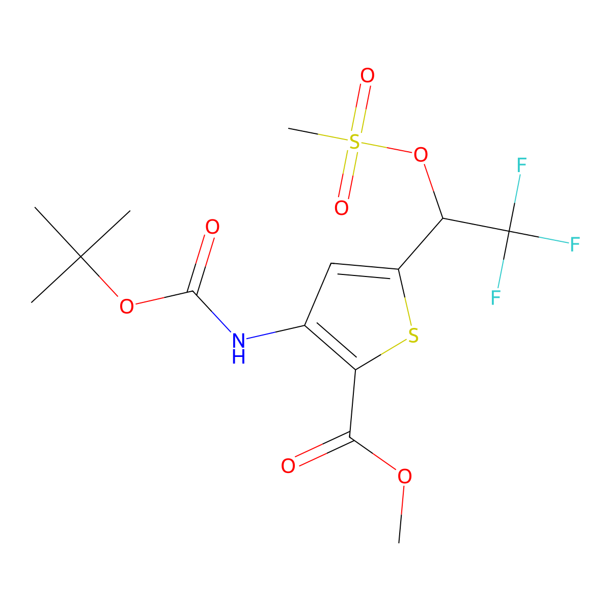 Methyl 3-((tert-butoxycarbonyl)amino)-5-(2,2,2-trifluoro-1-((methylsulfonyl)oxy)ethyl)thiophene-2-carboxylate molecular structure, CAS 2163771-83-1