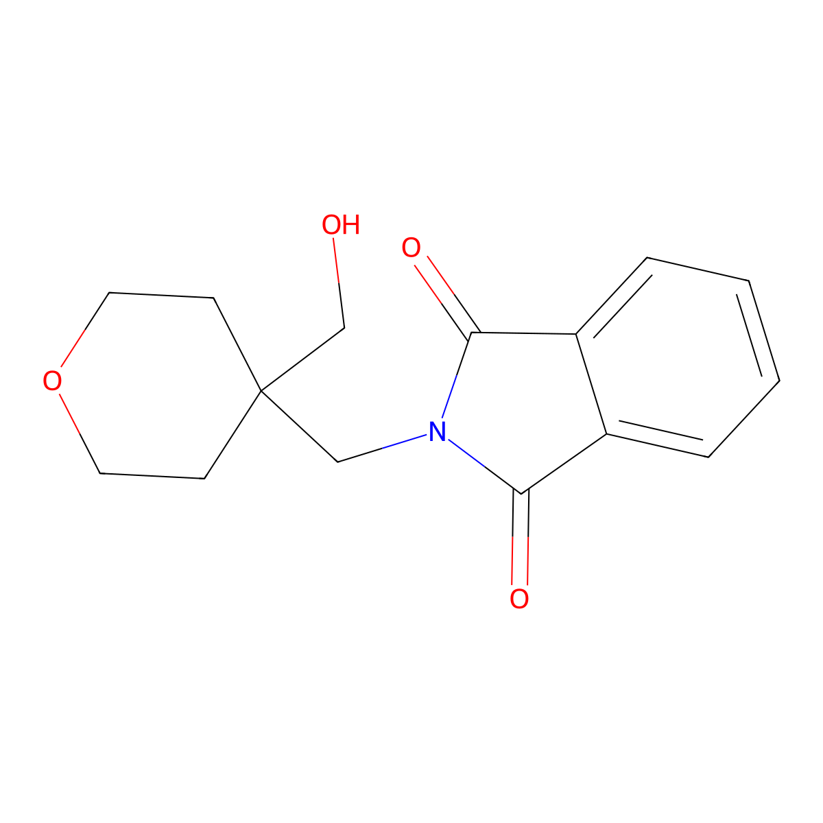 2-((4-(Hydroxymethyl)tetrahydro-2H-pyran-4-yl)methyl)isoindoline-1,3-dione molecular structure, CAS 2164107-42-8