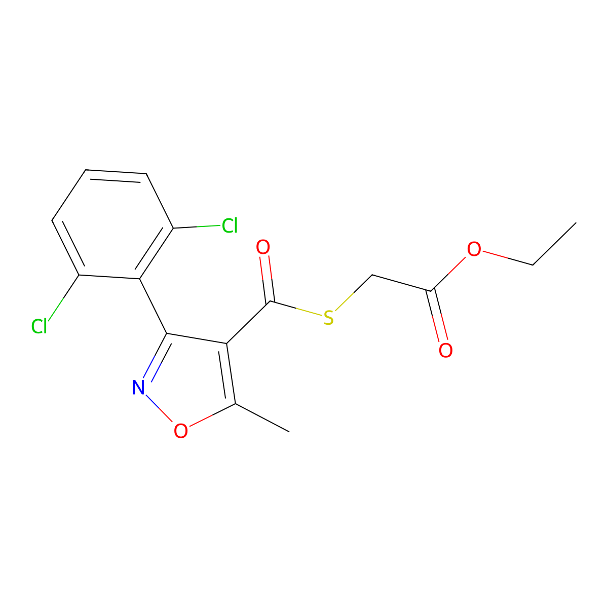 Ethyl 2-(((3-(2,6-dichlorophenyl)-5-methyl-4-isoxazolyl)carbonyl)thio)acetate molecular structure, CAS 216502-07-7