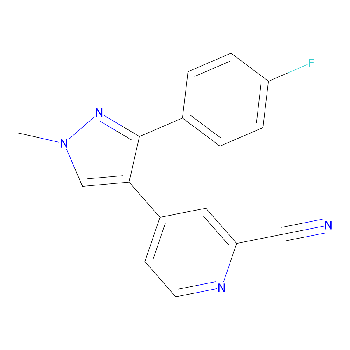 4-(3-(4-Fluorophenyl)-1-methyl-1H-pyrazol-4-yl)picolinonitrile molecular structure, CAS 216506-35-3