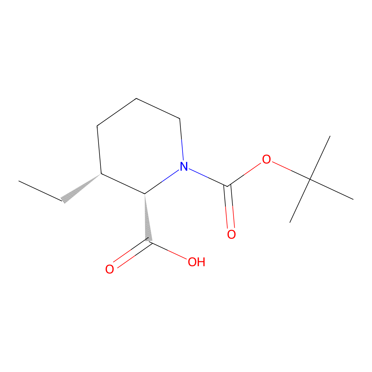 rac-(2R,3S)-1-[(tert-butoxy)carbonyl]-3-ethylpiperidine-2-carboxylic acid, cis molecular structure, CAS 2165941-98-8