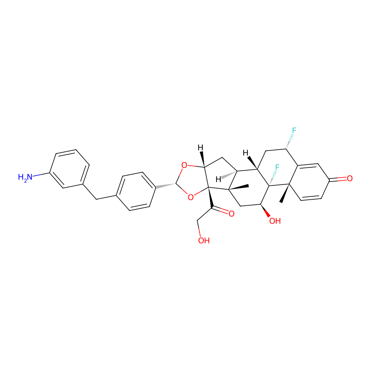 (2S,6aS,6bR,7S,8aS,8bS,10R,11aR,12aS,12bS)-10-(4-(3-Aminobenzyl)phenyl)-2,6b-difluoro-7-hydroxy-8b-(2-hydroxyacetyl)-6a,8a-dimethyl-1,2,6a,6b,7,8,8a,8b,11a,12,12a,12b-dodecahydro-4H-naphtho[2',1':4,5]indeno[1,2-d][1,3]dioxol-4-one molecular structure, CAS 2166375-81-9
