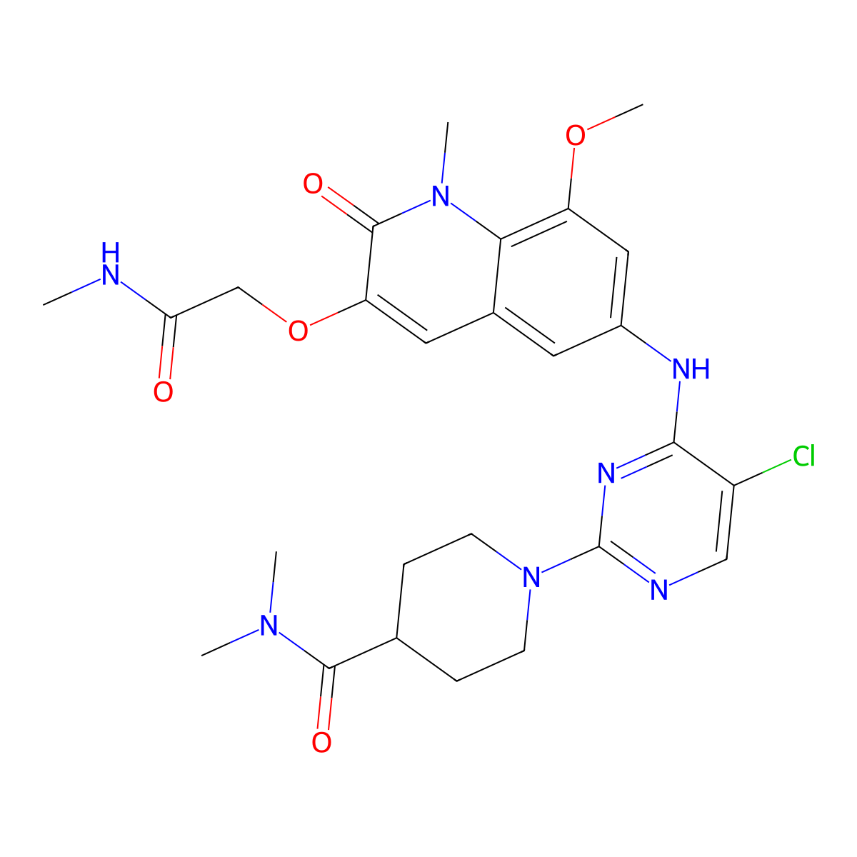 1-(5-chloro-4-((8-methoxy-1-methyl-3-(2-(methylamino)-2-oxoethoxy)-2-oxo-1,2-dihydroquinolin-6-yl)amino)pyrimidin-2-yl)-N,N-dimethylpiperidine-4-carboxamide molecular structure, CAS 2166387-64-8