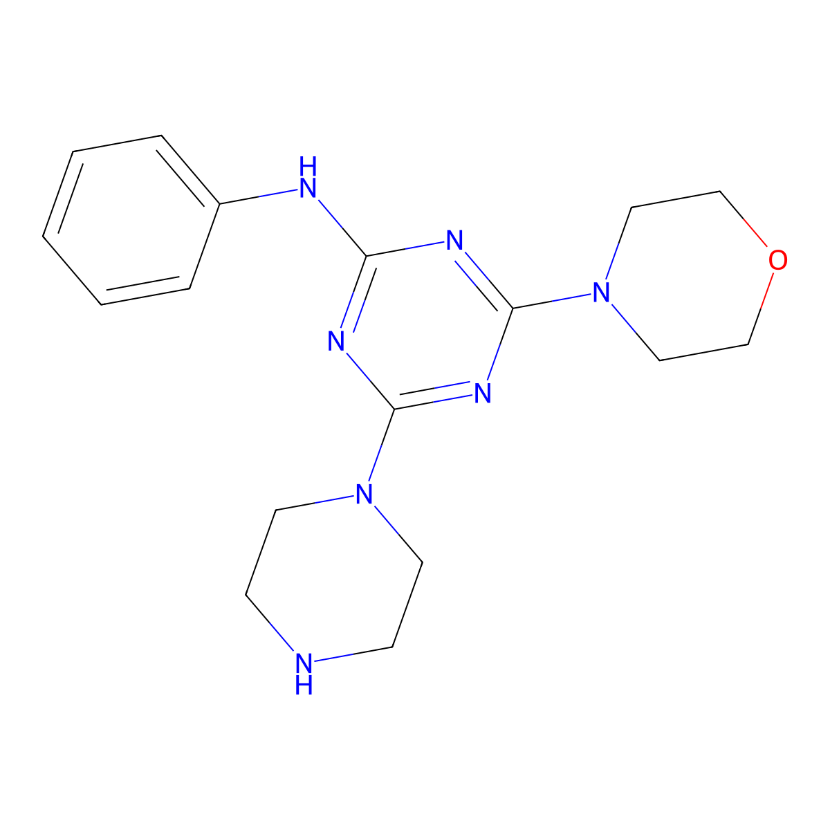4-morpholin-4-yl-N-phenyl-6-piperazin-1-yl-1,3,5-triazin-2-amine molecular structure, CAS 21665-50-9