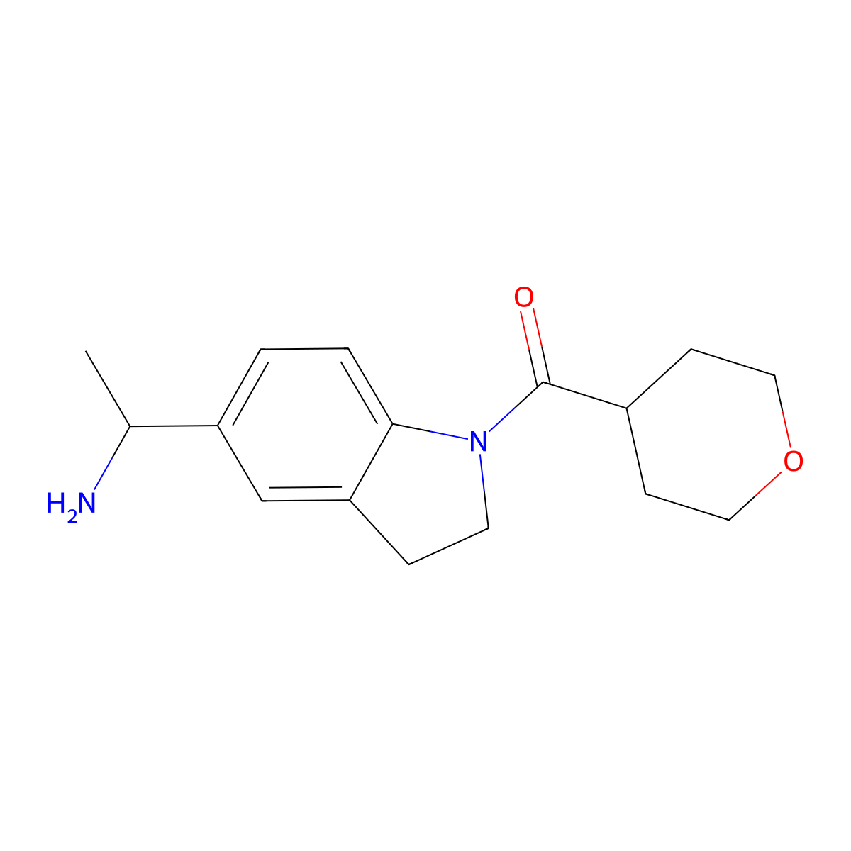 (5-(1-Aminoethyl)indolin-1-YL)(tetrahydro-2H-pyran-4-YL)methanone molecular structure, CAS 2166617-06-5