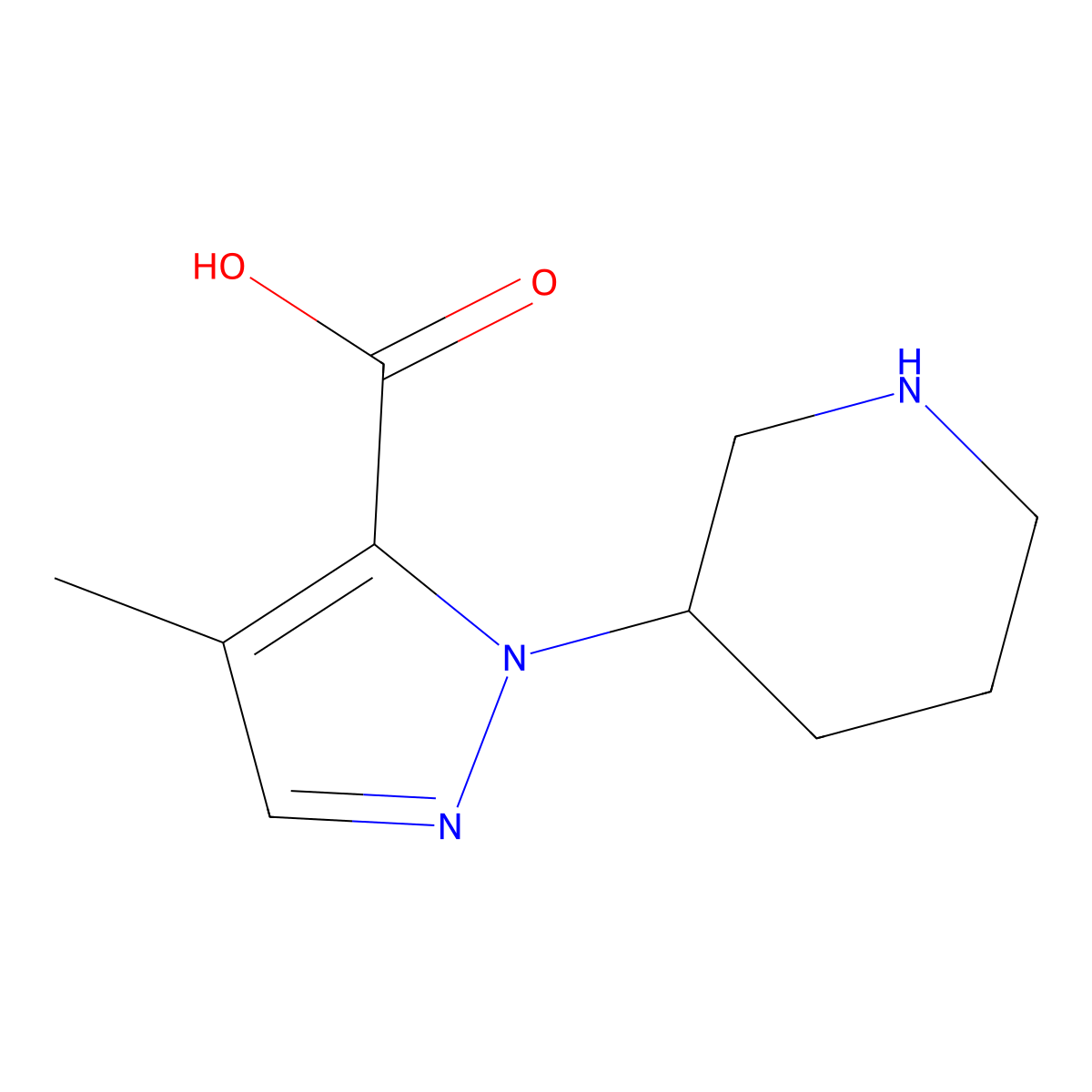 4-methyl-1-(piperidin-3-yl)-1H-pyrazole-5-carboxylic acid molecular structure, CAS 2166695-84-5