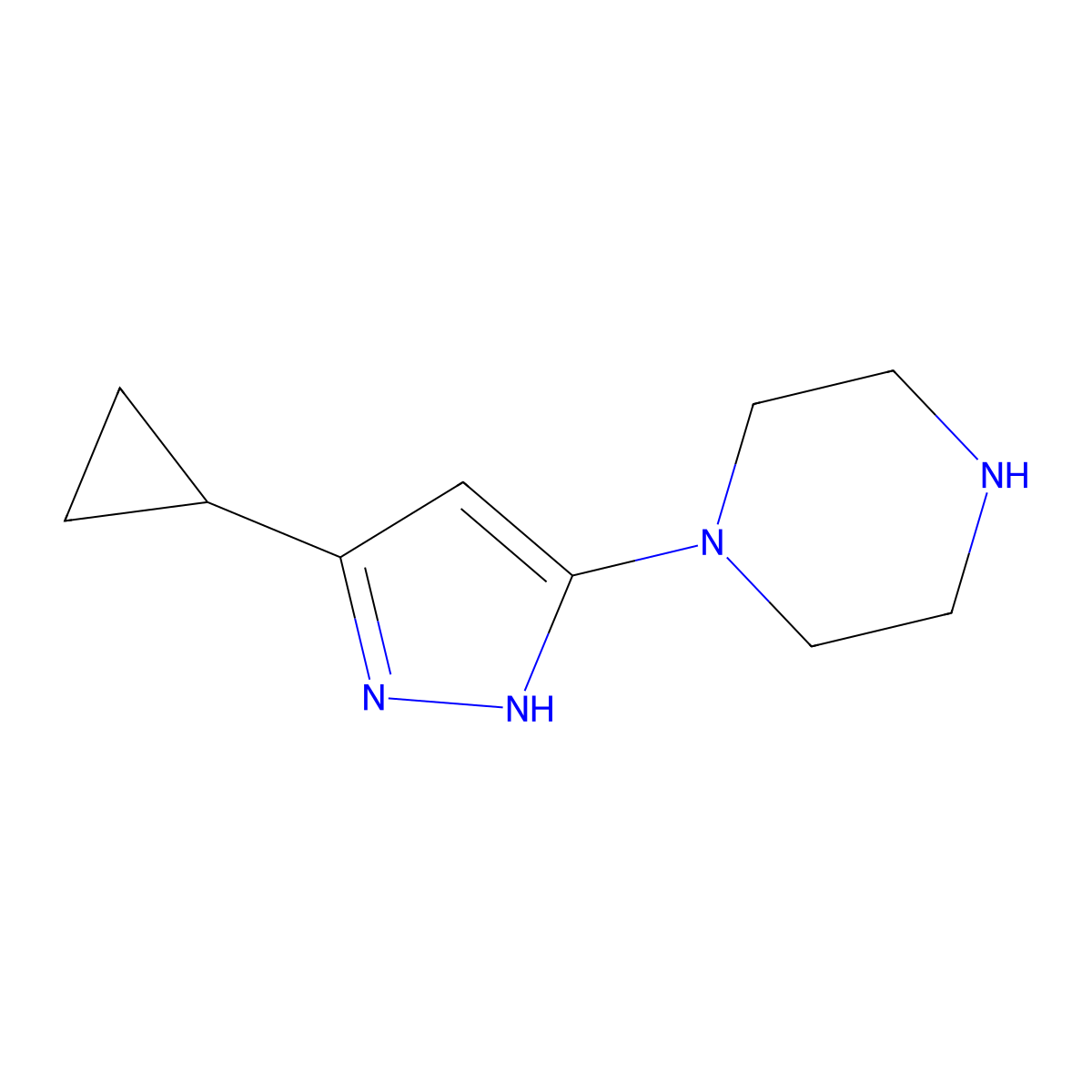 1-(3-cyclopropyl-1H-pyrazol-5-yl)piperazine molecular structure, CAS 2166702-15-2