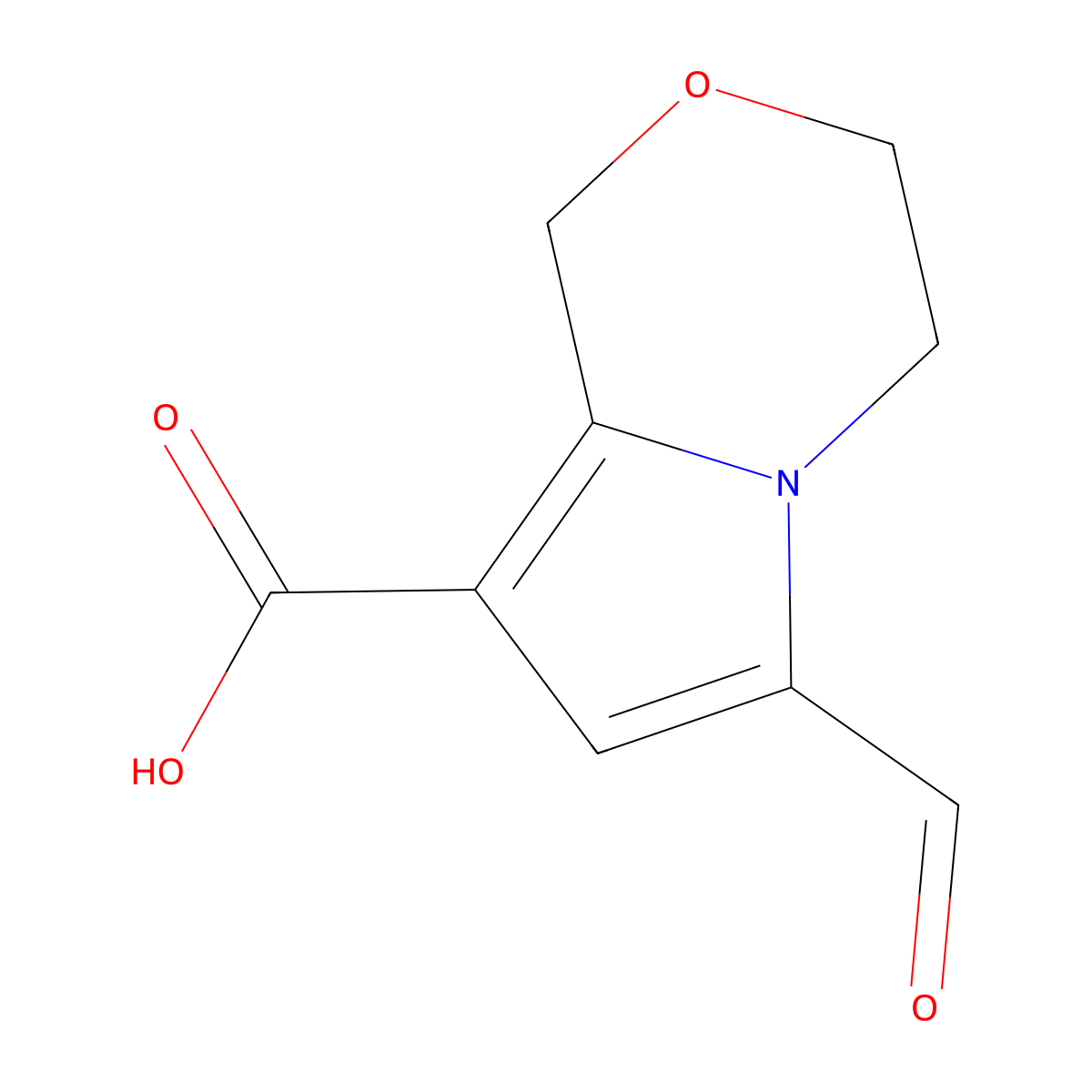 6-formyl-1H,3H,4H-pyrrolo(2,1-c)(1,4)oxazine-8-carboxylic acid molecular structure, CAS 2166731-23-1