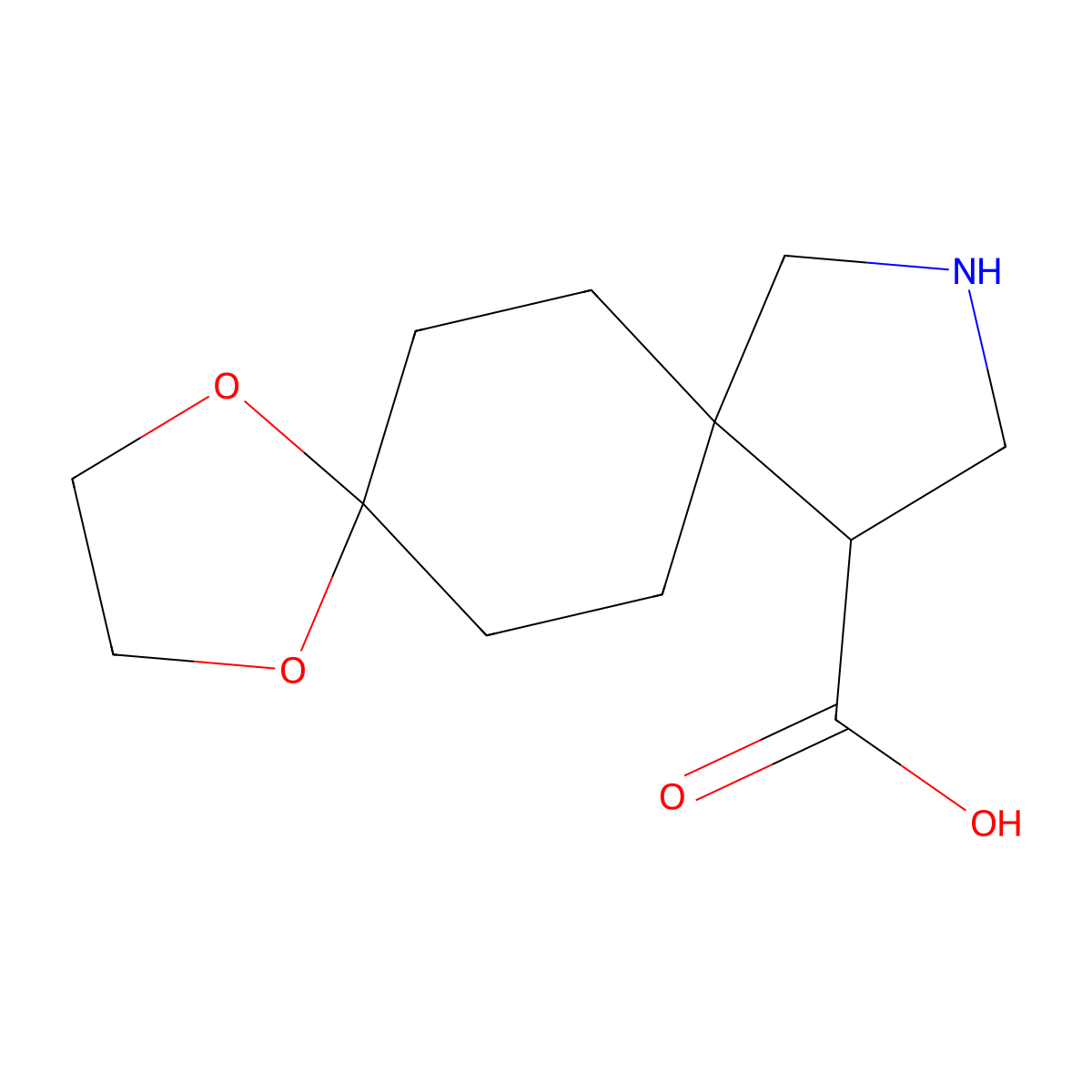 1,4-Dioxa-10-azadispiro[4.2.4^{8}.2^{5}]tetradecane-12-carboxylic acid molecular structure, CAS 2166864-14-6