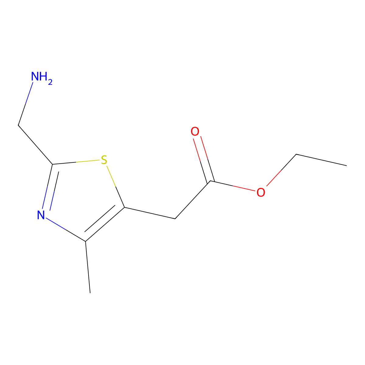 Ethyl 2-[2-(aminomethyl)-4-methyl-1,3-thiazol-5-yl]acetate molecular structure, CAS 2166994-38-1