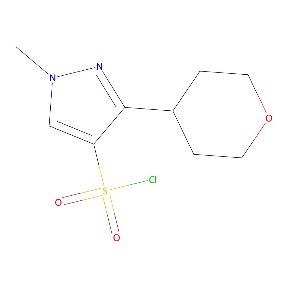 1-methyl-3-(oxan-4-yl)-1H-pyrazole-4-sulfonyl chloride molecular structure, CAS 2167367-61-3