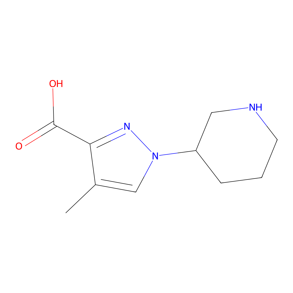 4-methyl-1-(piperidin-3-yl)-1H-pyrazole-3-carboxylic acid molecular structure, CAS 2167830-80-8