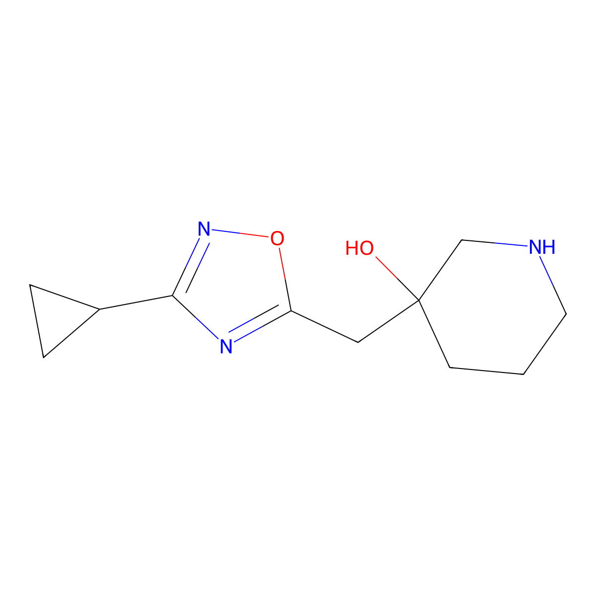 3-[(3-Cyclopropyl-1,2,4-oxadiazol-5-yl)methyl]piperidin-3-ol molecular structure, CAS 2168437-95-2
