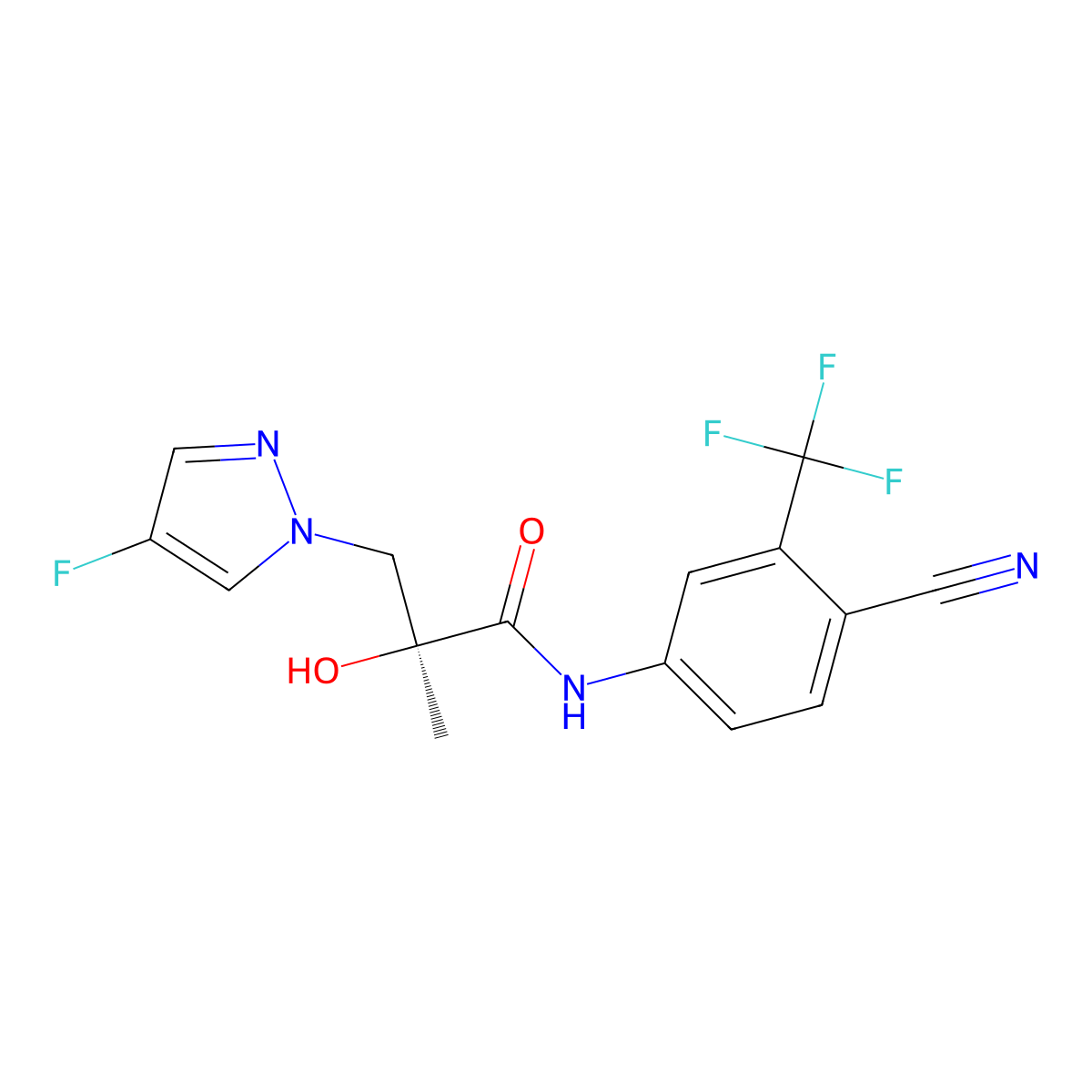 (S)-N-(4-Cyano-3-(trifluoromethyl)phenyl)-3-(4-fluoro-1H-pyrazol-1-yl)-2-hydroxy-2-methylpropanamide molecular structure, CAS 2168525-92-4