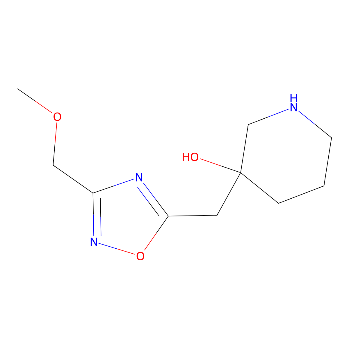 3-{[3-(Methoxymethyl)-1,2,4-oxadiazol-5-yl]methyl}piperidin-3-ol molecular structure, CAS 2168549-07-1