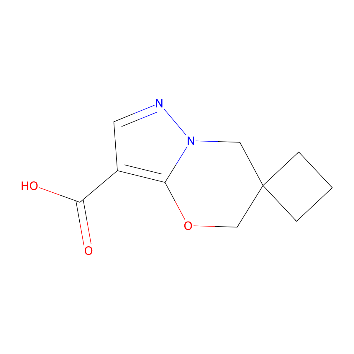 1',3'-Dihydrospiro{cyclobutane-1,2'-pyrazolo[3,2-b][1,3]oxazine}-5'-carboxylic acid molecular structure, CAS 2168565-24-8