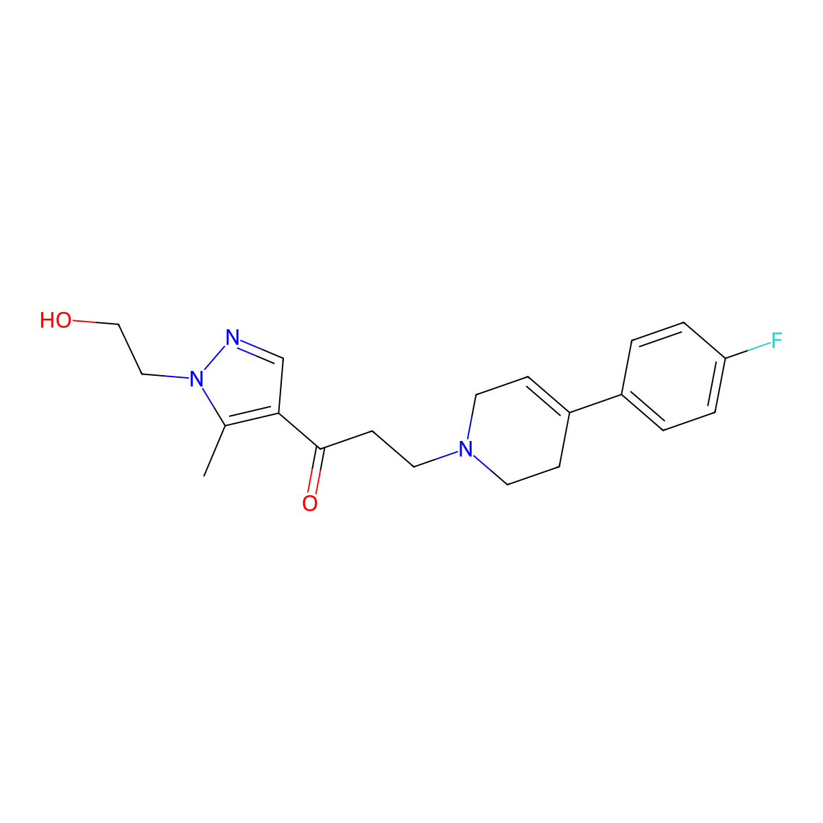 3-(4-(p-Fluorophenyl)-1,2,3,6-tetrahydro-1-pyridyl)-1-(1-(2-hydroxyethyl)-5-methyl-4-pyrazolyl)-1-propanone molecular structure, CAS 21686-10-2
