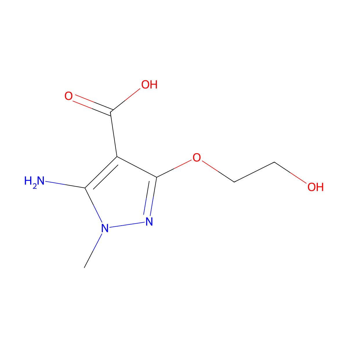 5-amino-3-(2-hydroxyethoxy)-1-methyl-1H-pyrazole-4-carboxylic acid molecular structure, CAS 2168763-60-6