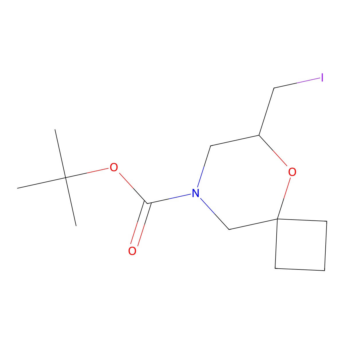 Tert-butyl 6-(iodomethyl)-5-oxa-8-azaspiro[3.5]nonane-8-carboxylate molecular structure, CAS 2168788-43-8