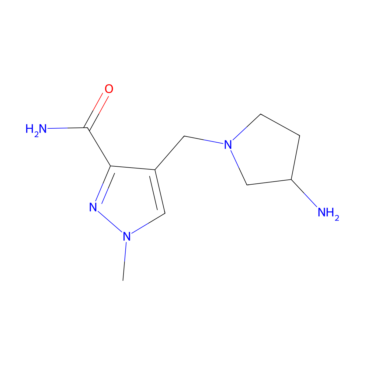 4-[(3-aminopyrrolidin-1-yl)methyl]-1-methyl-1H-pyrazole-3-carboxamide molecular structure, CAS 2168995-67-1