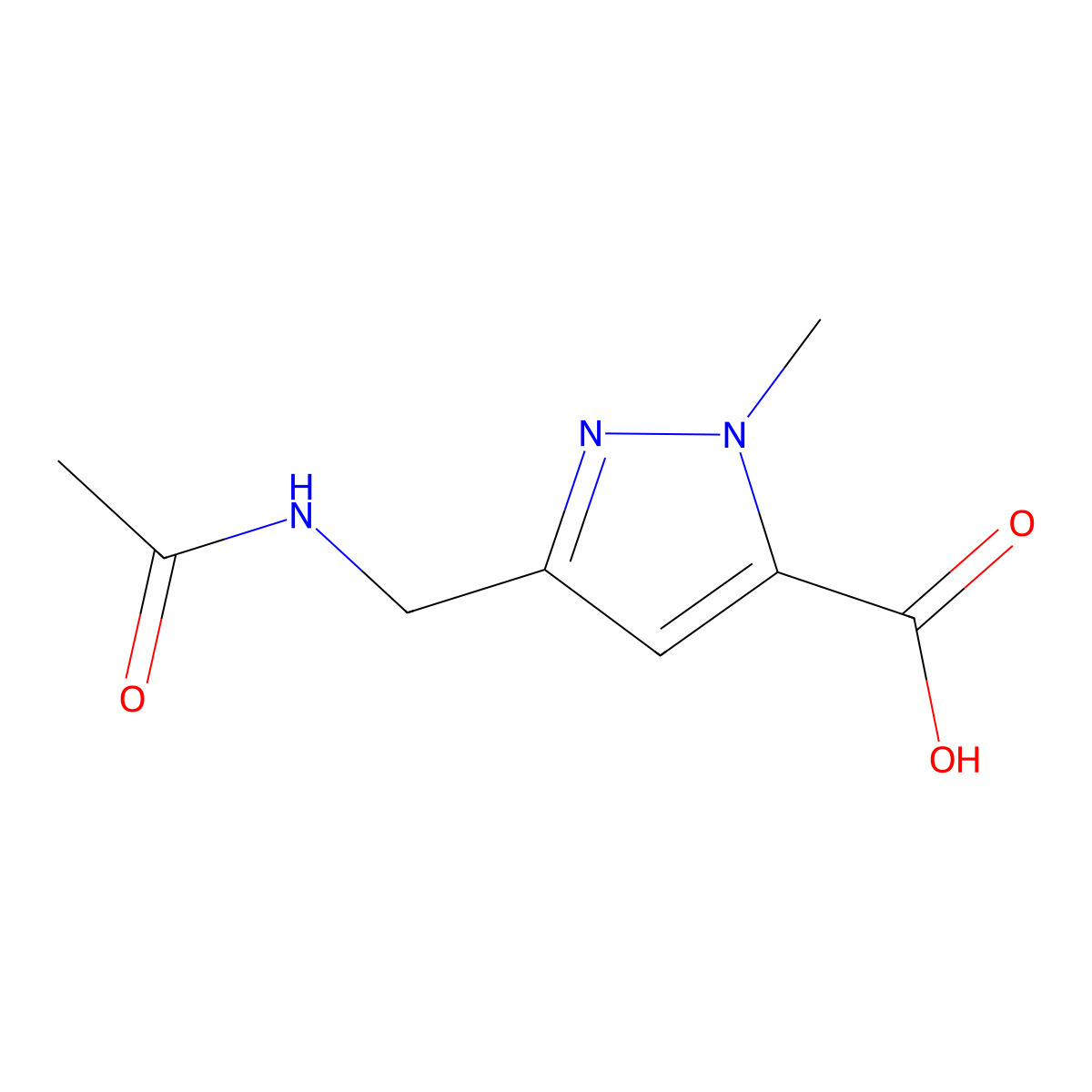 3-(acetamidomethyl)-1-methyl-1H-pyrazole-5-carboxylic acid molecular structure, CAS 2169026-77-9