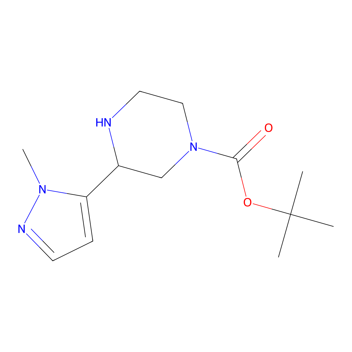 tert-butyl 3-(1-methyl-1H-pyrazol-5-yl)piperazine-1-carboxylate molecular structure, CAS 2169384-08-9