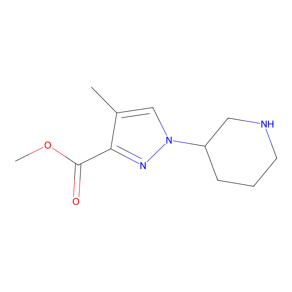 methyl 4-methyl-1-(piperidin-3-yl)-1H-pyrazole-3-carboxylate molecular structure, CAS 2169403-12-5