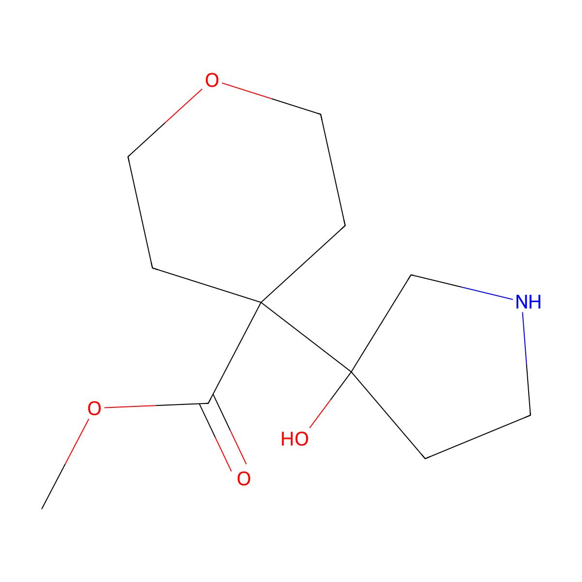 Methyl 4-(3-hydroxypyrrolidin-3-yl)oxane-4-carboxylate molecular structure, CAS 2169431-32-5