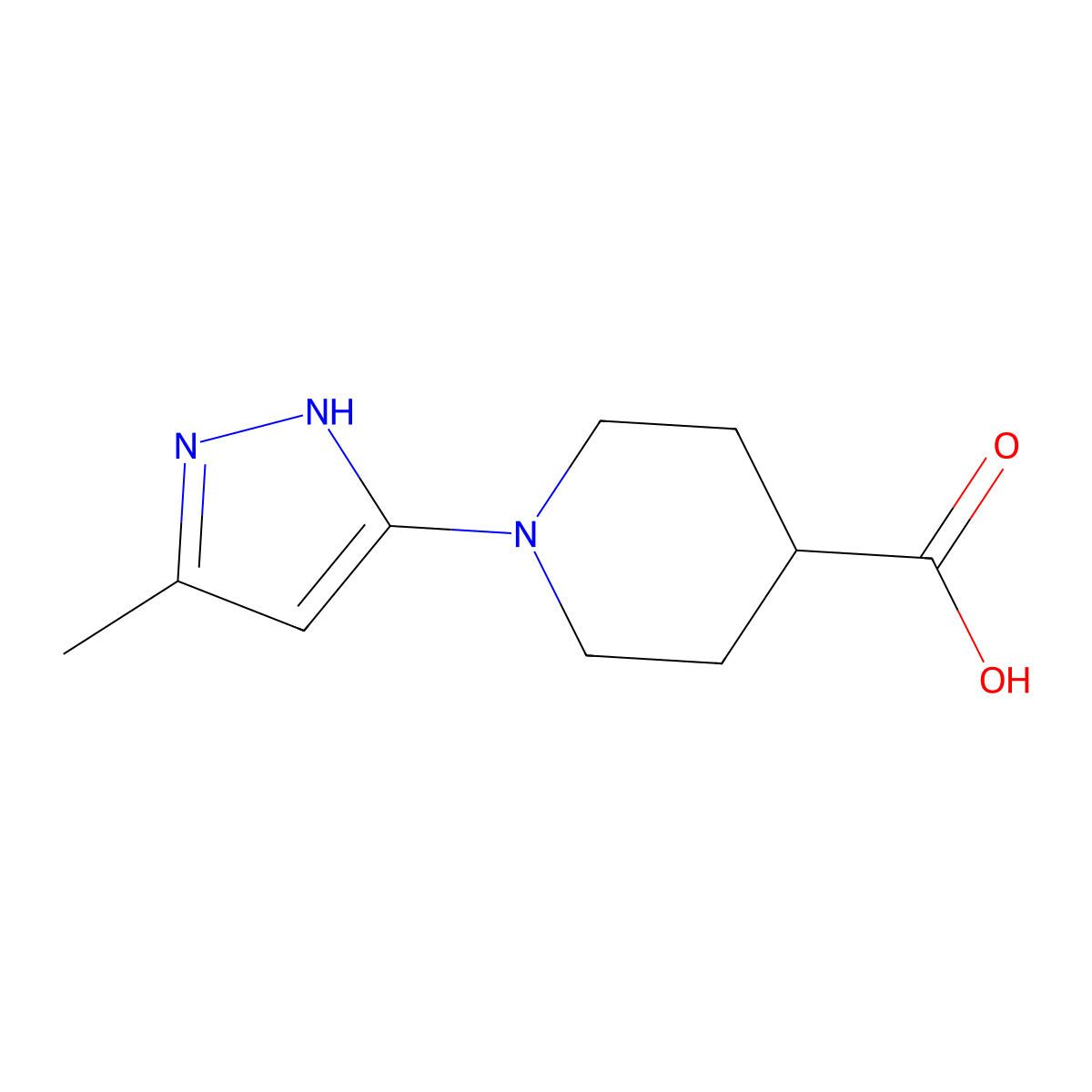 1-(3-methyl-1H-pyrazol-5-yl)piperidine-4-carboxylic acid molecular structure, CAS 2169500-86-9