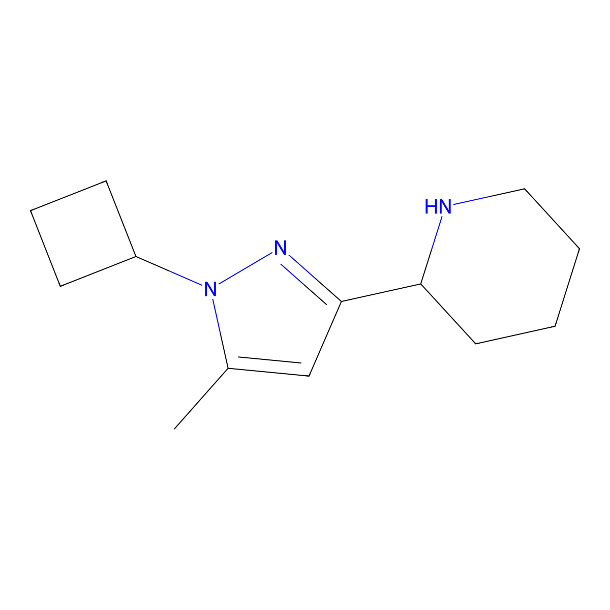 2-(1-Cyclobutyl-5-methyl-1H-pyrazol-3-yl)-piperidine molecular structure, CAS 2169527-13-1