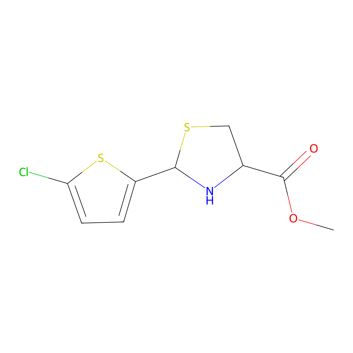 Methyl 2-(5-chlorothiophen-2-yl)-1,3-thiazolidine-4-carboxylate molecular structure, CAS 2169573-13-9