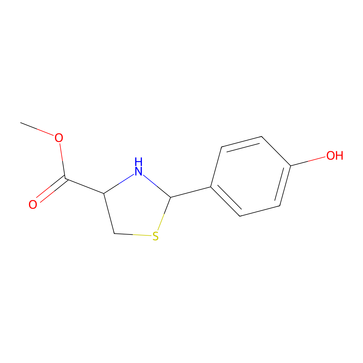 Methyl 2-(4-hydroxyphenyl)-1,3-thiazolidine-4-carboxylate molecular structure, CAS 2169640-50-8