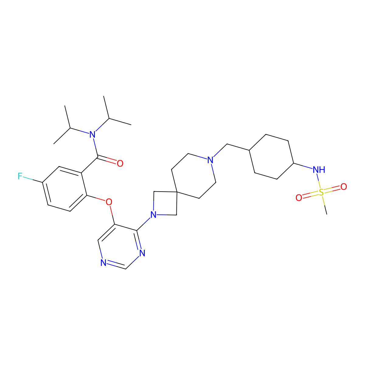 5-fluoro-2-({4-[7-({trans-4-[(methylsulfonyl)amino]cyclohexyl}methyl)-2,7-diazaspiro[3.5]nonan-2-yl]pyrimidin-5-yl}oxy)-N,N-di(propan-2-yl)benzamide molecular structure, CAS 2169916-18-9