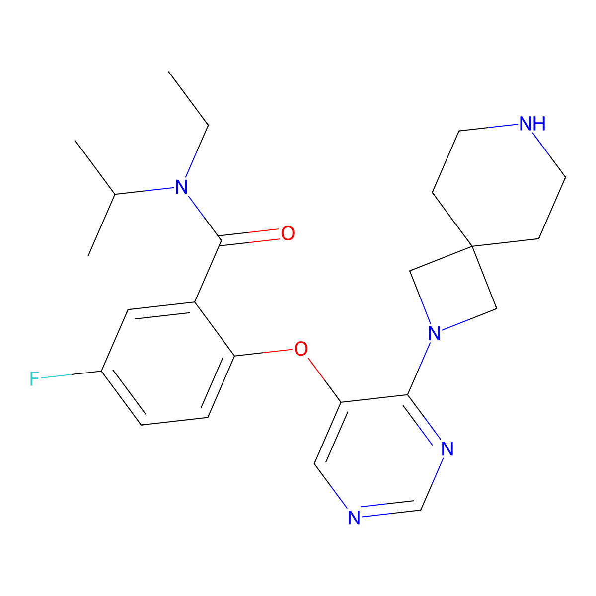 2-((4-(2,7-Diazaspiro[3.5]nonan-2-yl)pyrimidin-5-yl)oxy)-N-ethyl-5-fluoro-N-isopropylbenzamide molecular structure, CAS 2169920-03-8