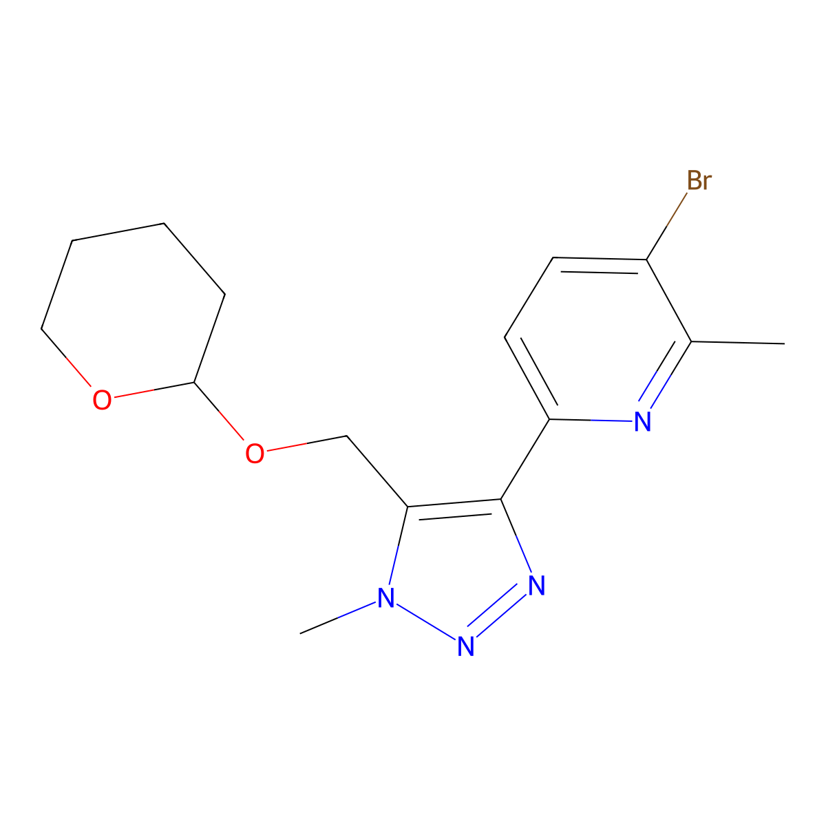 3-Bromo-2-methyl-6-[1-methyl-5-(tetrahydropyran-2-yloxymethyl)triazol-4-yl]pyridine molecular structure, CAS 2170129-04-9