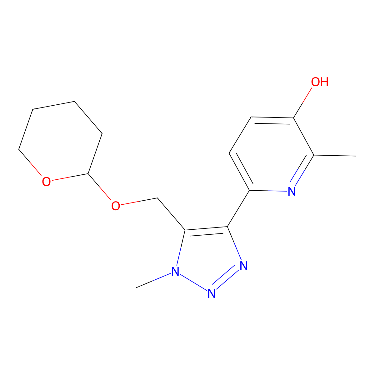 2-Methyl-6-(1-methyl-5-(((tetrahydro-2H-pyran-2-yl)oxy)methyl)-1H-1,2,3-triazol-4-yl)pyridin-3-ol molecular structure, CAS 2170129-05-0