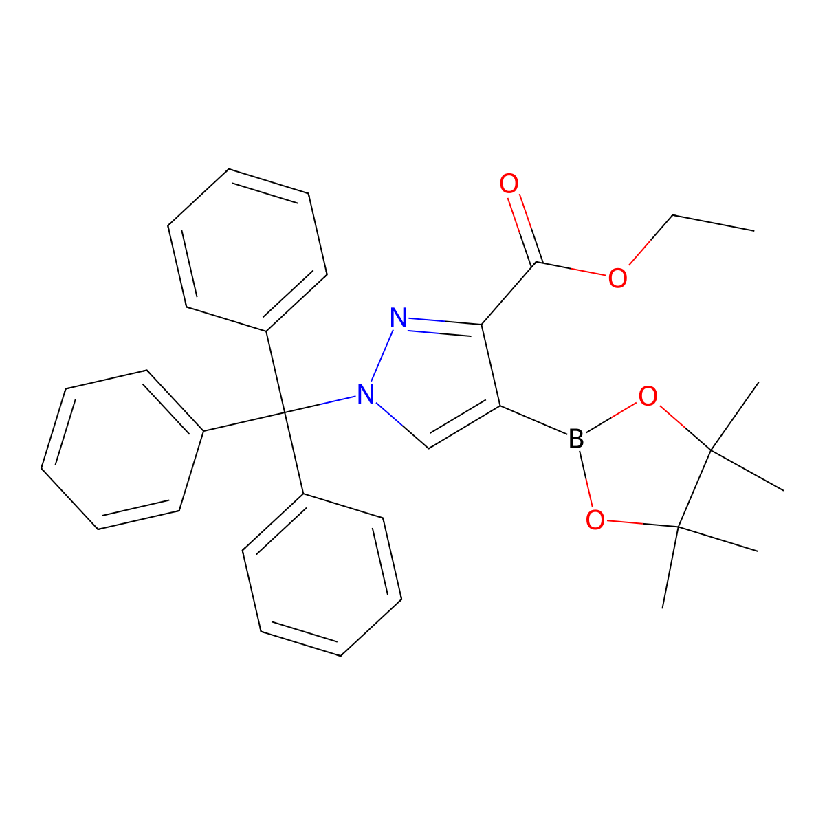 ethyl 4-(tetramethyl-1,3,2-dioxaborolan-2-yl)-1-(triphenylmethyl)-1H-pyrazole-3-carboxylate molecular structure, CAS 2170134-91-3