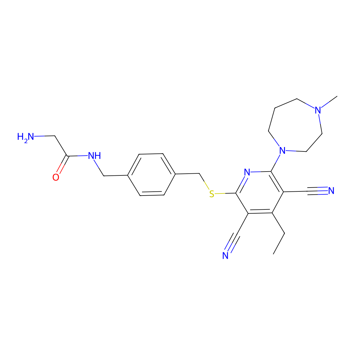 2-Amino-N-(4-(((3,5-dicyano-4-ethyl-6-(4-methyl-1,4-diazepan-1-yl)pyridin-2-yl)thio)methyl)benzyl)acetamide molecular structure, CAS 2170136-86-2
