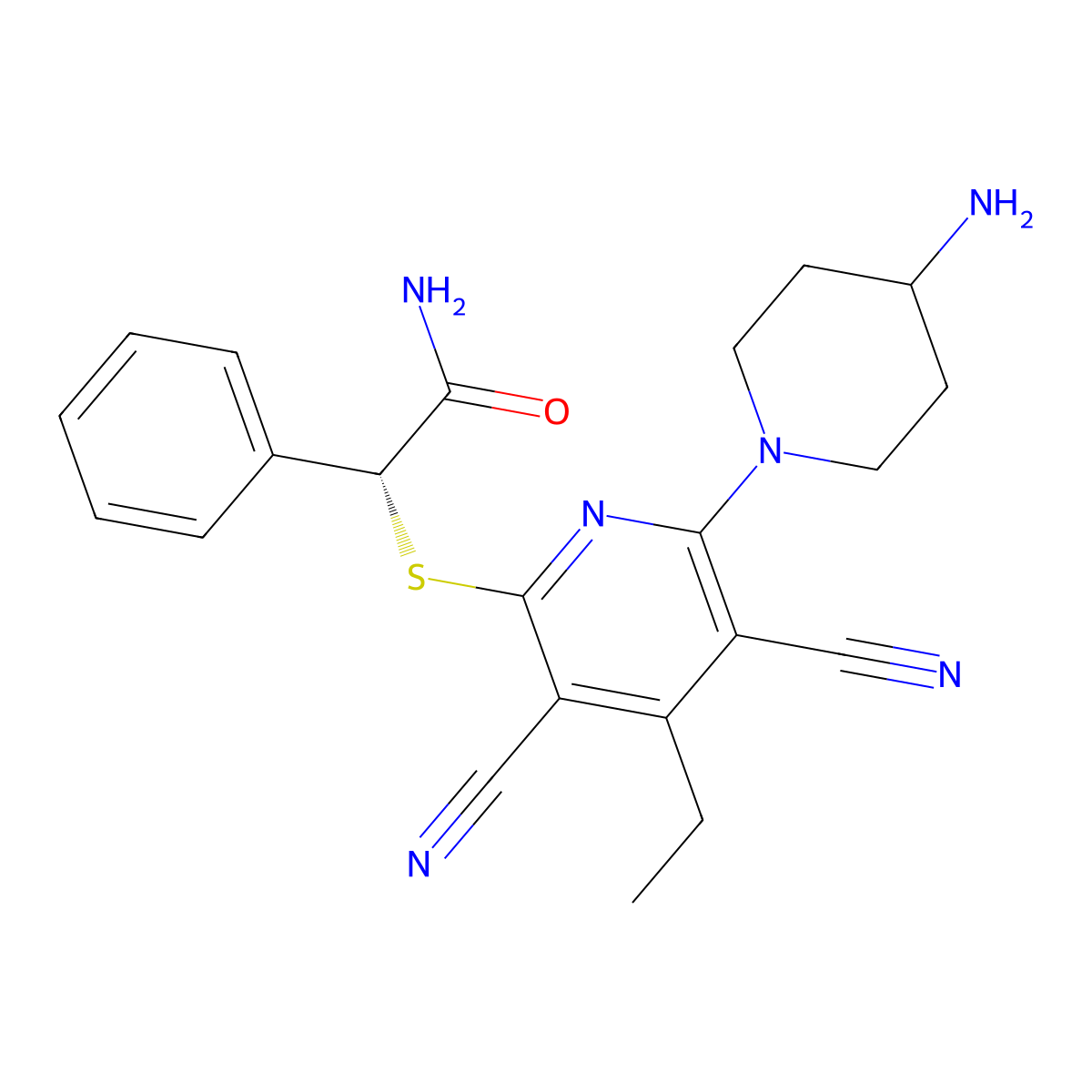 (2R)-2-{[6-(4-aminopiperidin-1-yl)-3,5-dicyano-4-ethylpyridin-2-yl]sulfanyl}-2-phenylacetamide molecular structure, CAS 2170140-50-6