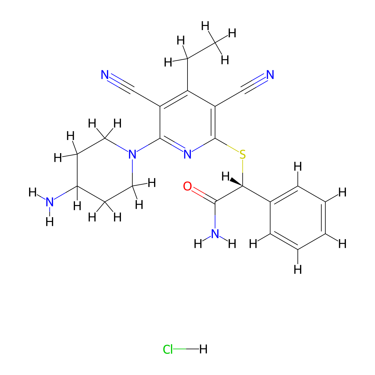 (R)-2-(6-(4-aminopiperidin-1-yl)-3,5-dicyano-4-ethylpyridin-2-ylthio)-2-phenylacetamide hydrochloride molecular structure, CAS 2170140-51-7