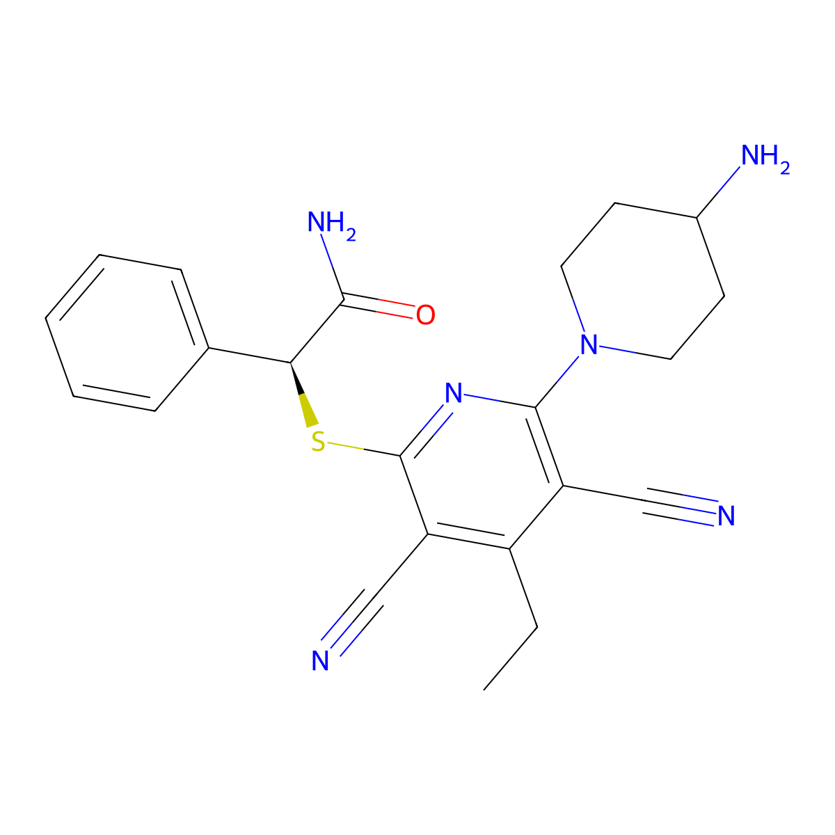 (2S)-2-[[6-(4-aminopiperidin-1-yl)-3,5-dicyano-4-ethyl-2-pyridinyl]sulfanyl]-2-phenylacetamide molecular structure, CAS 2170142-58-0