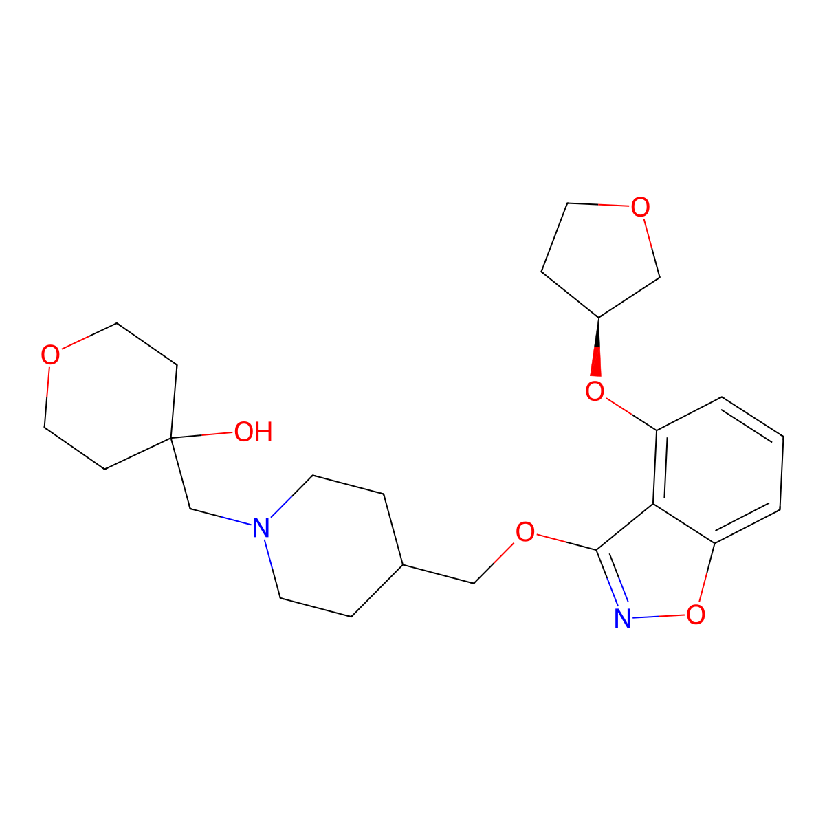 4-[[4-[[4-[(3S)-oxolan-3-yl]oxy-1,2-benzoxazol-3-yl]oxymethyl]piperidin-1-yl]methyl]oxan-4-ol molecular structure, CAS 2170558-28-6