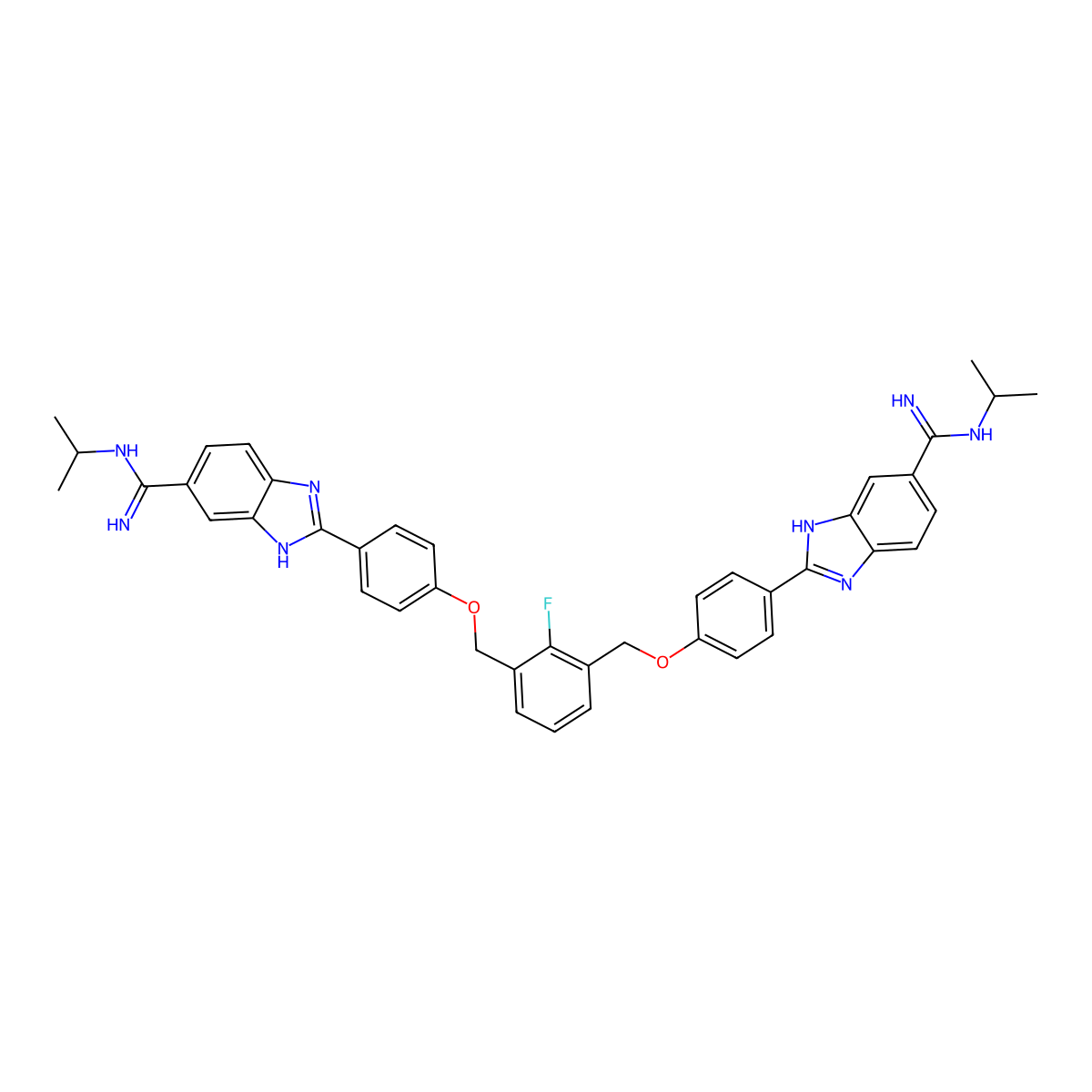 2,2'-((((2-Fluoro-1,3-phenylene)bis(methylene))bis(oxy))bis(4,1-phenylene))bis(N-isopropyl-1H-benzo[d]imidazole-6-carboximidamide) molecular structure, CAS 2170606-74-1
