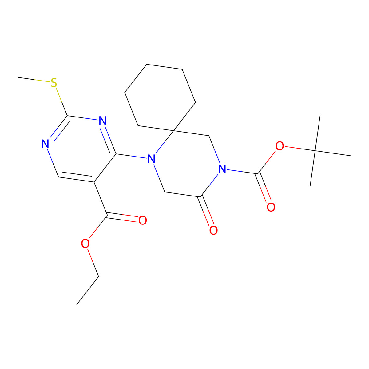tert-Butyl 1-(5-(ethoxycarbonyl)-2-(methylthio)pyrimidin-4-yl)-3-oxo-1,4-diazaspiro[5.5]undecane-4-carboxylate molecular structure, CAS 2170746-96-8