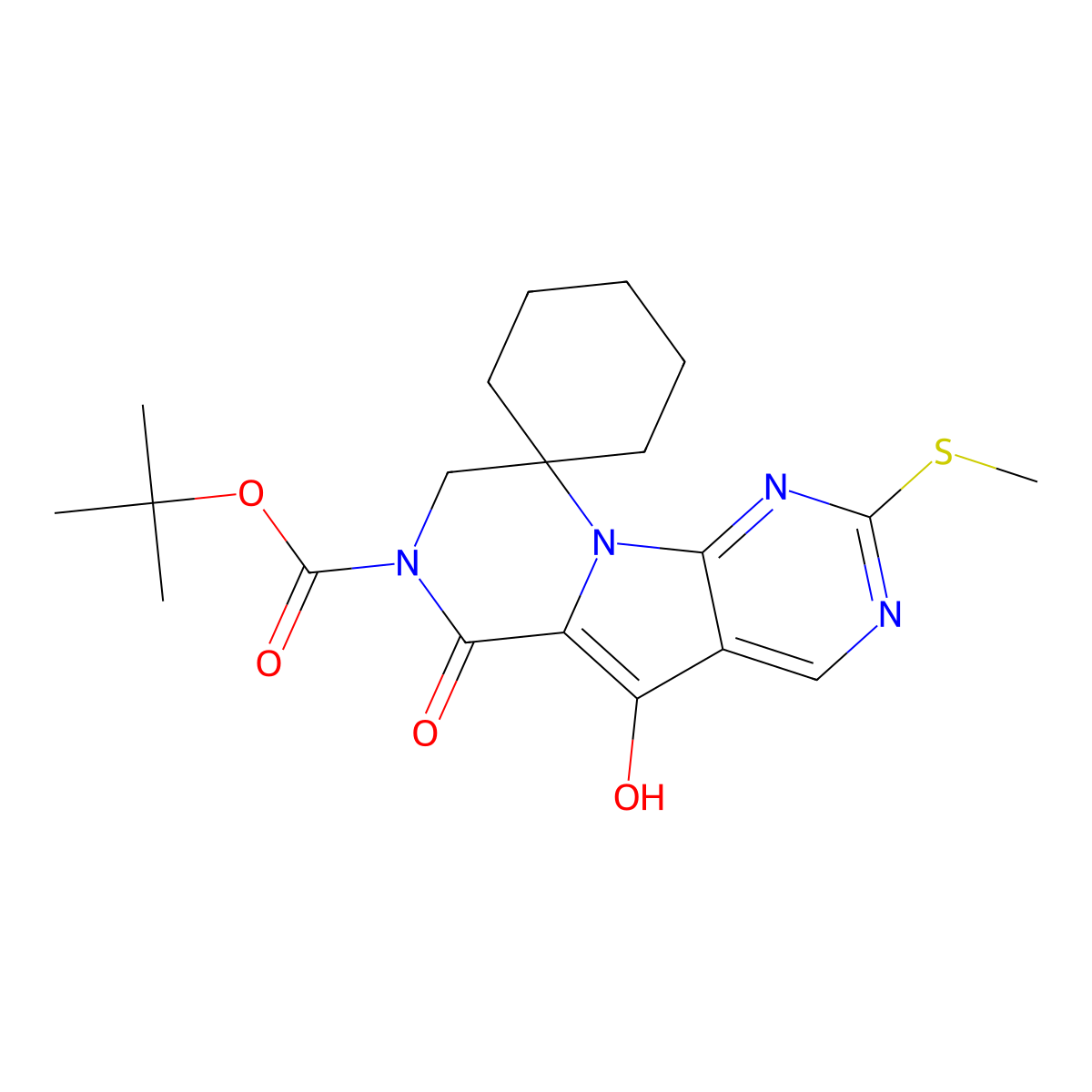 5'-hydroxy-2'-(methylthio)-6'-oxo-spiro(cyclohexane-1,9'(6'H)-pyrazino(1',2':1,5)pyrrolo(2,3-d)pyrimidine)-7'(8'H)-carboxylic acid 1,1-dimethylethyl ester molecular structure, CAS 2170746-97-9