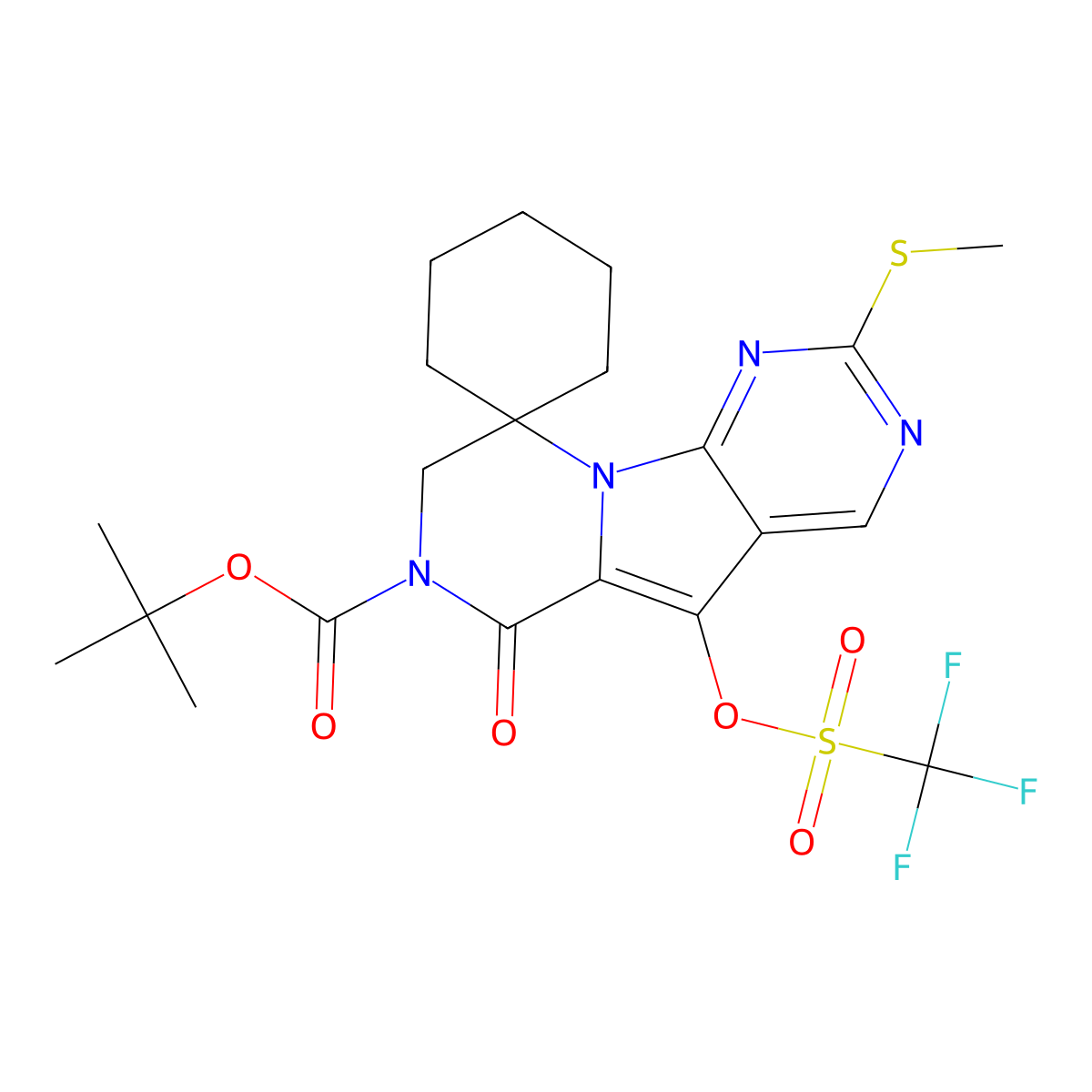 2'-(methylthio)-6'-oxo-5'-[[(trifluoromethyl)sulfonyl]oxy]-spiro[cyclohexane-1,9'(6'H)-pyrazino[1',2':1,5]pyrrolo[2,3-d]pyrimidine]-7'(8'H)-carboxylic acid 1,1-dimethylethyl ester molecular structure, CAS 2170746-98-0