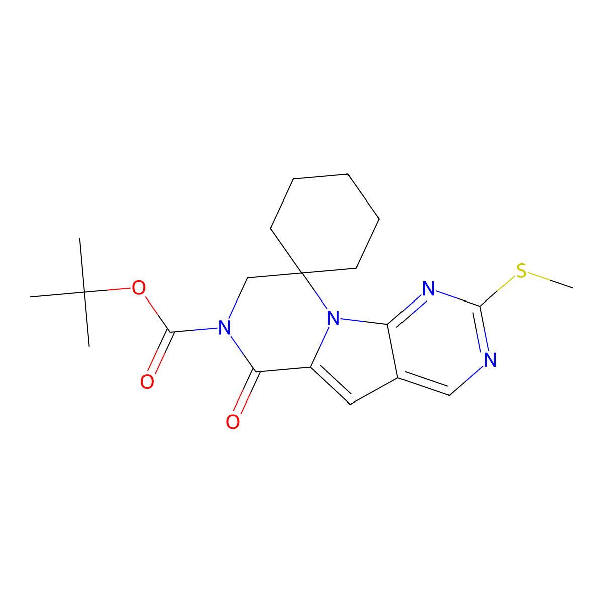 Spiro[cyclohexane-1,9'(6'H)-pyrazino[1',2':1,5]pyrrolo[2,3-d]pyrimidine]-7'(8'H)-carboxylic acid, 2'-(methylthio)-6'-oxo-, 1,1-dimethylethyl ester molecular structure, CAS 2170746-99-1