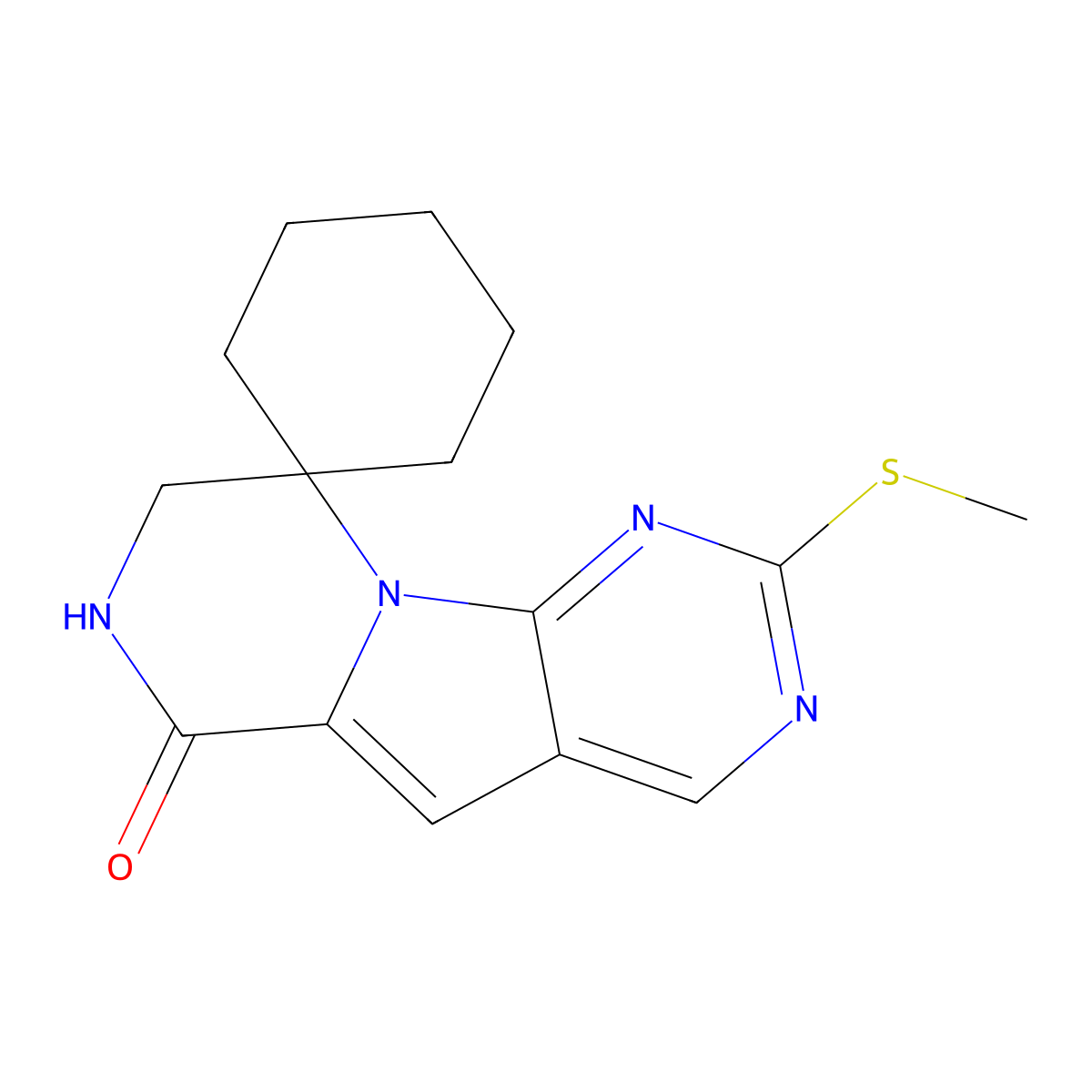 2'-(Methylthio)-7',8'-dihydro-6'H-spiro[cyclohexane-1,9'-pyrazino[1',2':1,5]pyrrolo[2,3-d]pyrimidin]-6'-one molecular structure, CAS 2170747-00-7