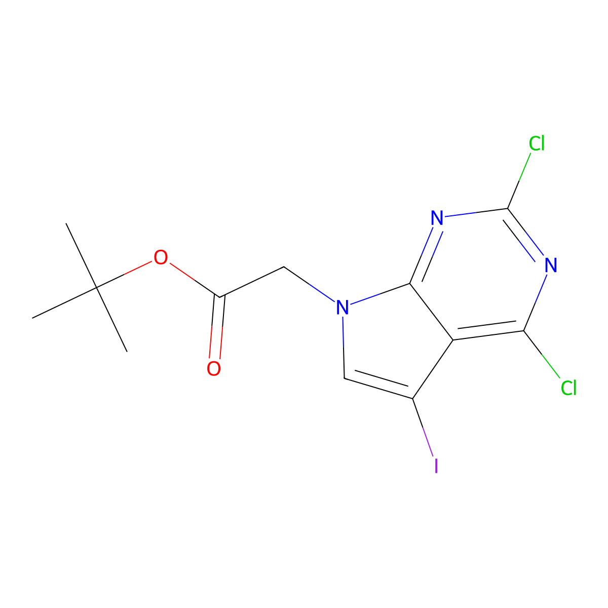 tert-butyl 2-{2,4-dichloro-5-iodo-7H-pyrrolo[2,3-d]pyrimidin-7-yl}acetate molecular structure, CAS 2170872-90-7